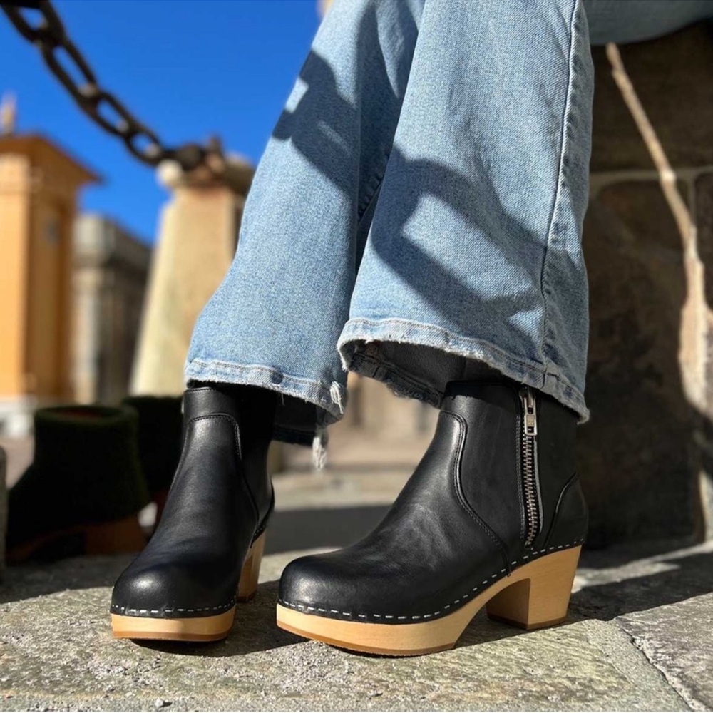 Swedish Hasbeens Black Ankle Boots with Tan Soles